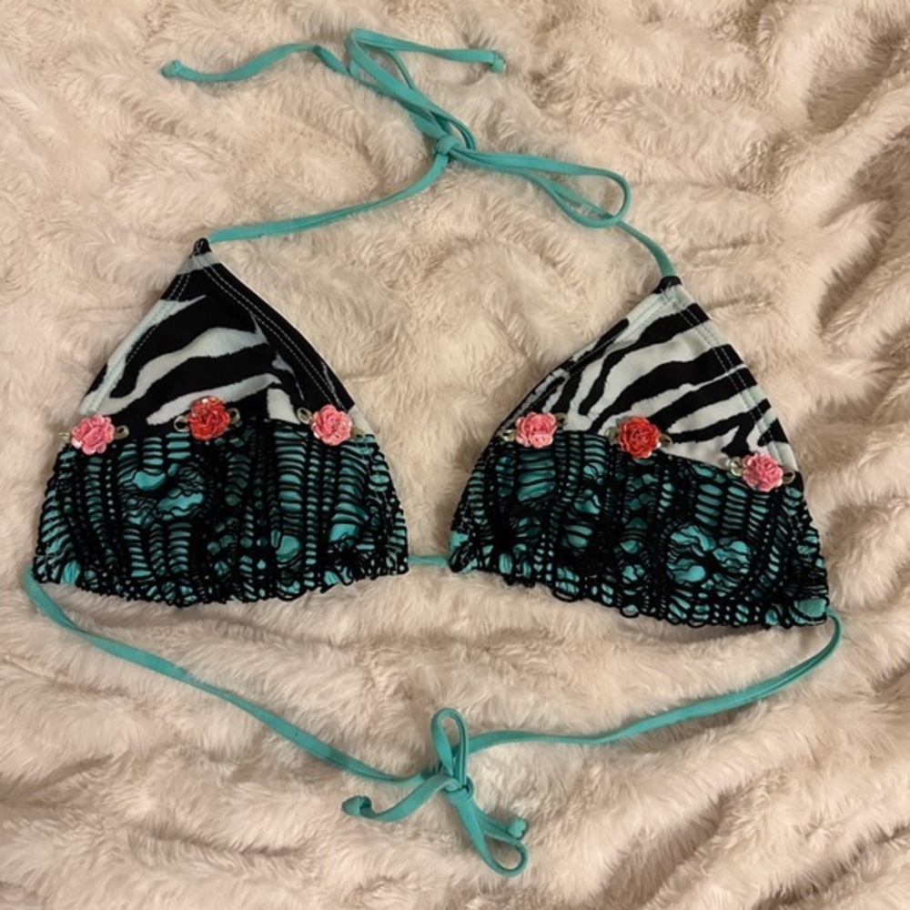 Luli Fama String Bikini Top Embroidered Mermaid Zebra Floral Size Small